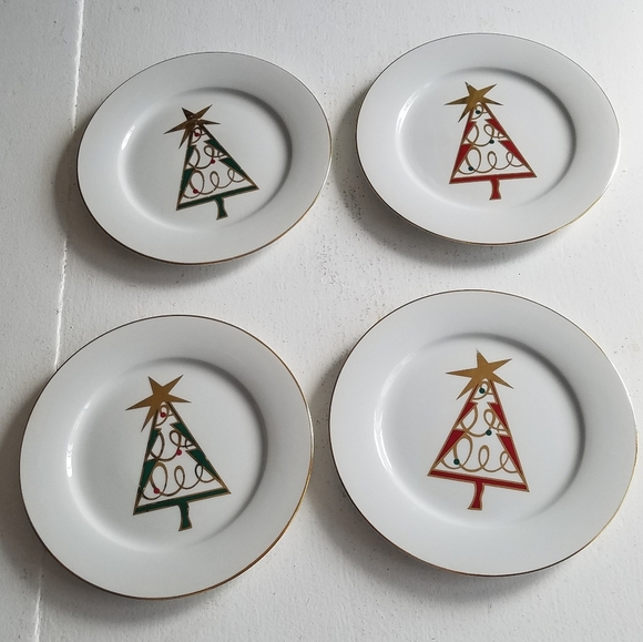 Set of 4 Pier 1 Porcelain Christmas Tree Salad Plates - Picture 1 of 8